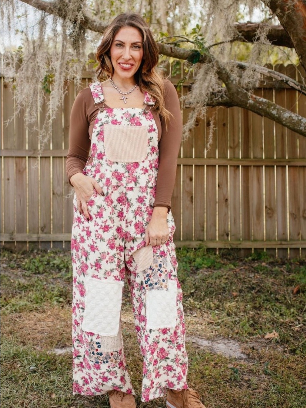 NWOT POL “Meet Me At The Garden Overalls in Floral Patchwork, Size Large (12-14)